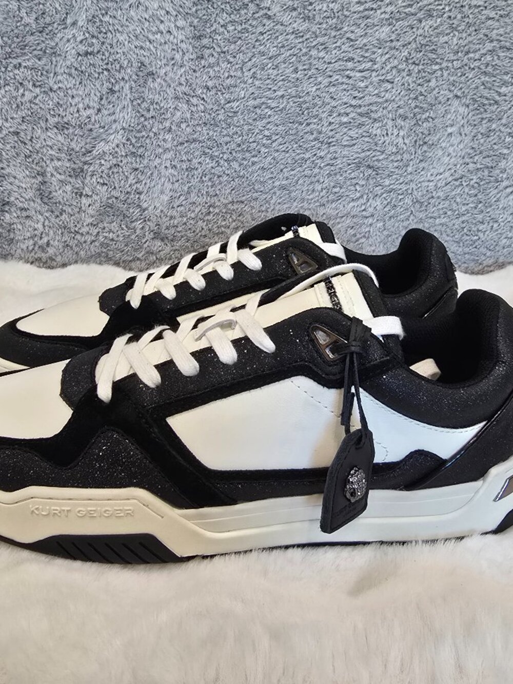 Kurt Geiger London Regan Sneaker White Black Sparkle Leather Size 47 or US 13